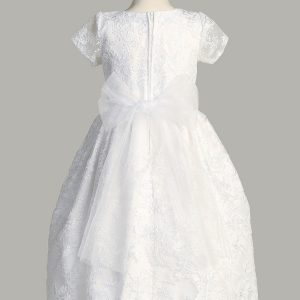 First Communion Dress with Cordered Embroidery and Short Sleeves