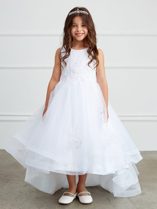First Communion Dress with Glitter Bodice with Lace Applique and Tail Skirt