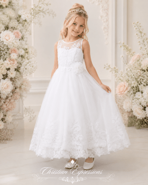 First Communion Dress with Lace Bodice and Skirt