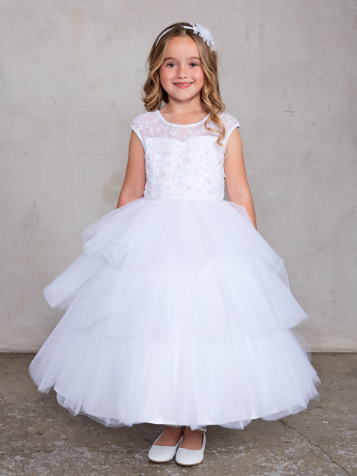 First Communion Dress with Layered Tulle Skirt Beaded Bodice