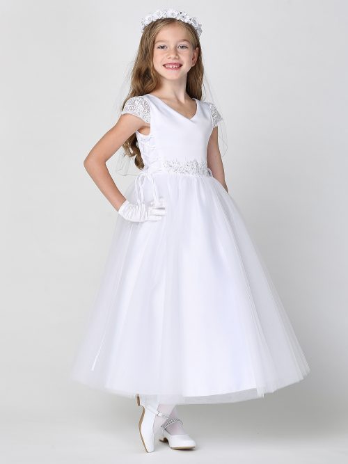 First Communion Dress with Satin Bodice and Lace Cap Sleeves