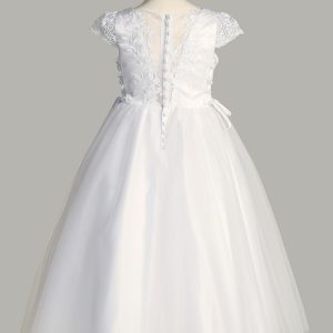 First Communion Dress with Satin Bodice and Lace Cap Sleeves Satin Buttons