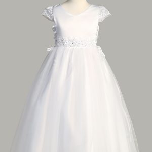 First Communion Dress with Satin Bodice and Lace Cap Sleeves for Girls