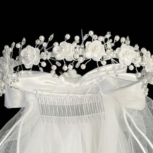First Communion Veil Corded Flowers with pearl accents