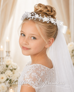 First Communion Veil Corded Flowers with pearl accents