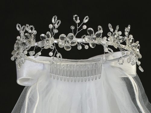 First Communion Veil Crystal flowers, beads & rhinestone accents