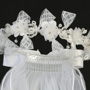 First Communion Veil Organza Flowers and Lace Ribbon