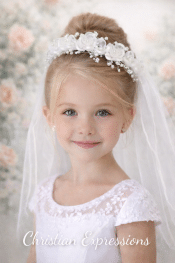 First Communion Veil Organza flowers, rhinestones & pearl accents