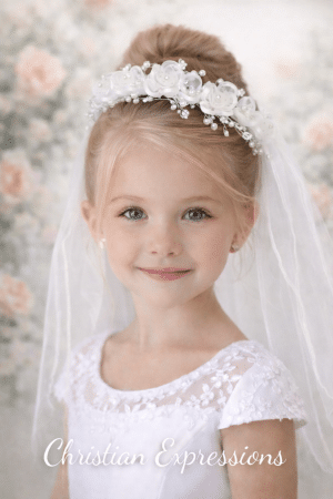 First Communion Veil Organza flowers, rhinestones & pearl accents