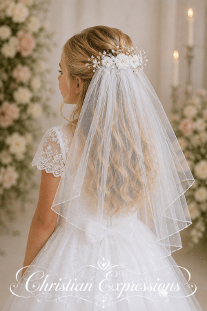 First Communion Veil on Comb Corded flowers with pearls