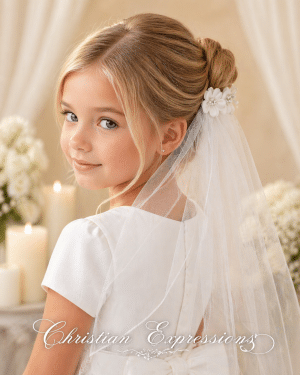 First Communion Veil on Comb Satin Flowers