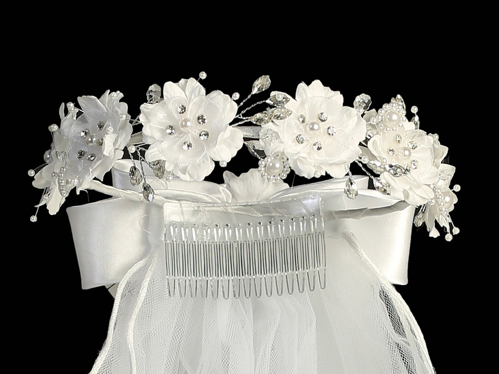 First Communion Wreath Veil Corded flowers with pearls & rhinestones