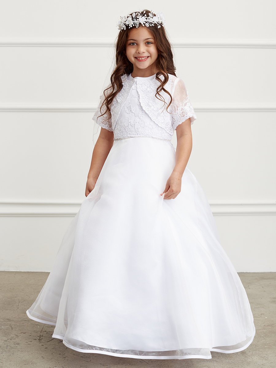 Floor Length First Communion Dress with Lace Waist and Matching Lace Bolero