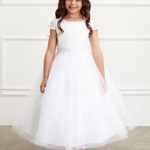 Lace Cap Sleeved First Communion Dress with Lace Overlay and Pearl Waistline