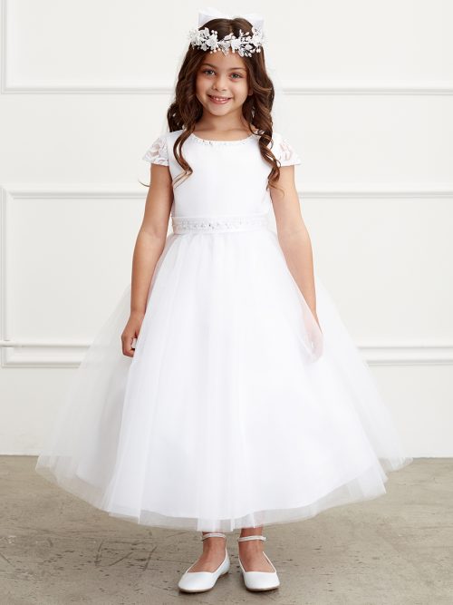 Lace Cap Sleeved First Communion Dress with Lace Overlay and Pearl Waistline