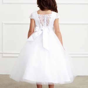 Lace Cap Sleeved First Communion Dress with Lace Overlay and Pearl Waistline Cap Sleeves