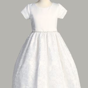 Short Sleeve First Communion Dress Satin Bodice Corded Embroidery