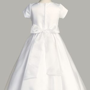 Short Sleeve First Communion Dress Satin bodice with crystal organza skirt