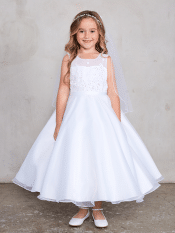 First Communion Dress Illusion Neckline Lace Overlay