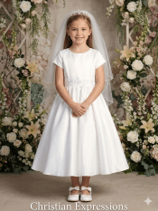 Satin First Communion Dress with silver corded trim on waist