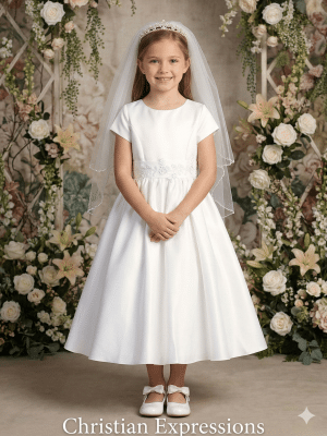 Satin First Communion Dress with silver corded trim on waist