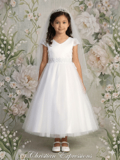 First Communion Dress with Satin Bodice and Lace Cap Sleeves VERY LIMITED