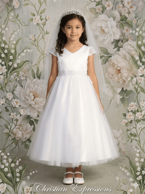First Communion Dress with Satin Bodice and Lace Cap Sleeves VERY LIMITED
