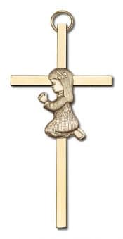 4 inch Antique Gold Praying Girl on a Polished Brass Cross