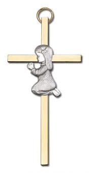 4 inch Antique Silver Praying Girl on a Polished Brass Cross