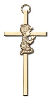 4 inch Antique Gold Praying Boy on a Polished Brass Cross