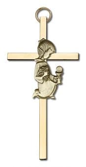 4 inch Antique Gold Communion Girl on a Polished Brass Cross
