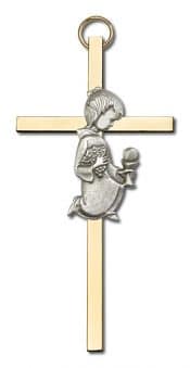 4 inch Antique Silver Communion Girl on a Polished Brass Cross
