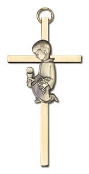4 inch Antique Gold Communion Boy on a Polished Brass Cross