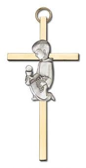 4 inch Antique Silver Communion Boy on a Polished Brass Cross
