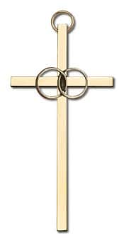 4 inch Antique Gold Wedding Rings on a Polished Brass Cross