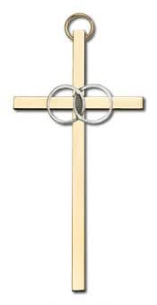 4 inch Antique Silver Wedding Rings on a Polished Brass Cross