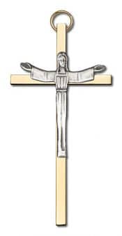 4 inch Antique Silver Risen Christ on a Polished Brass Cross
