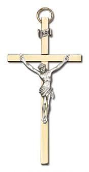 4 inch Antique Silver Crucifix on a Polished Brass Cross