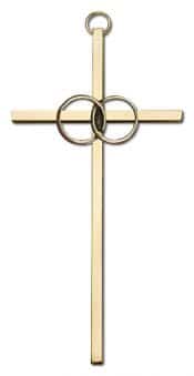 6 inch Antique Gold Wedding Rings on a Polished Brass Cross