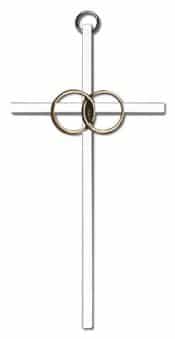 6 inch Antique Gold Wedding Rings on a Polished Silver Finish Cross