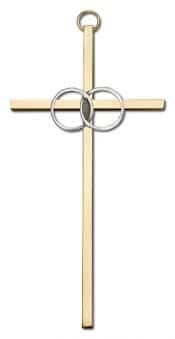 6 inch Antique Silver Wedding Rings on a Polished Brass Cross
