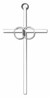 6 inch Antique Silver Wedding Rings on a Polished Silver Finish Cross