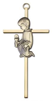 6 inch Antique Gold Communion Boy on a Polished Brass Cross