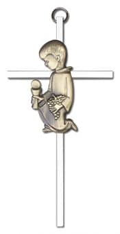 6 inch Antique Gold Communion Boy on a Polished Silver Finish Cross