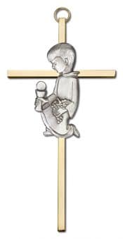 6 inch Antique Silver Communion Boy on a Polished Brass Cross
