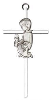 6 inch Antique Silver Communion Boy on a Polished Silver Finish Cross