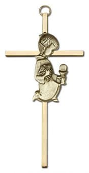 6 inch Antique Gold Communion Girl on a Polished Brass Cross