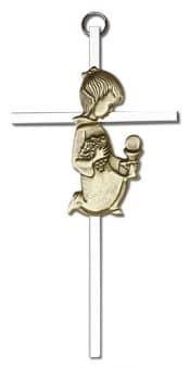 6 inch Antique Gold Communion Girl on a Polished Silver Finish Cross
