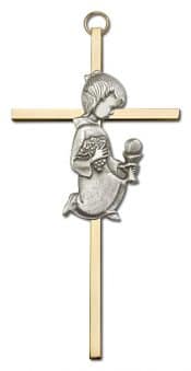 6 inch Antique Silver Communion Girl on a Polished Brass Cross