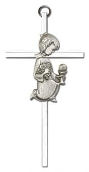 6 inch Antique Silver Communion Girl on a Polished Silver Finish Cross